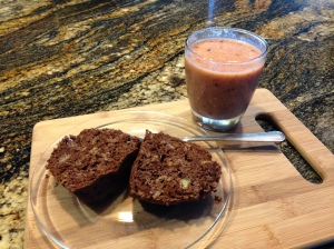 Breakfast is served! Chocolate Muffin in a Mug and a smoothie. 