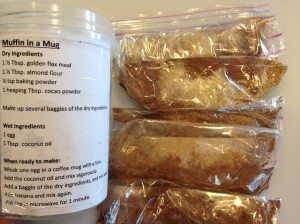 This is how I store my pre-packaged muffin-in-a-mug mix.